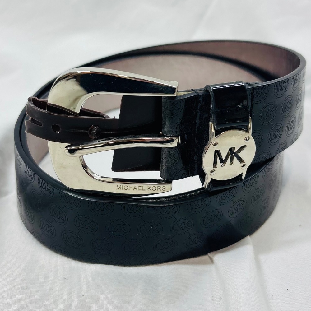 Michael Kors Reversible‎ Belt Black Monogram Metallic Silver Buckle XL Q3